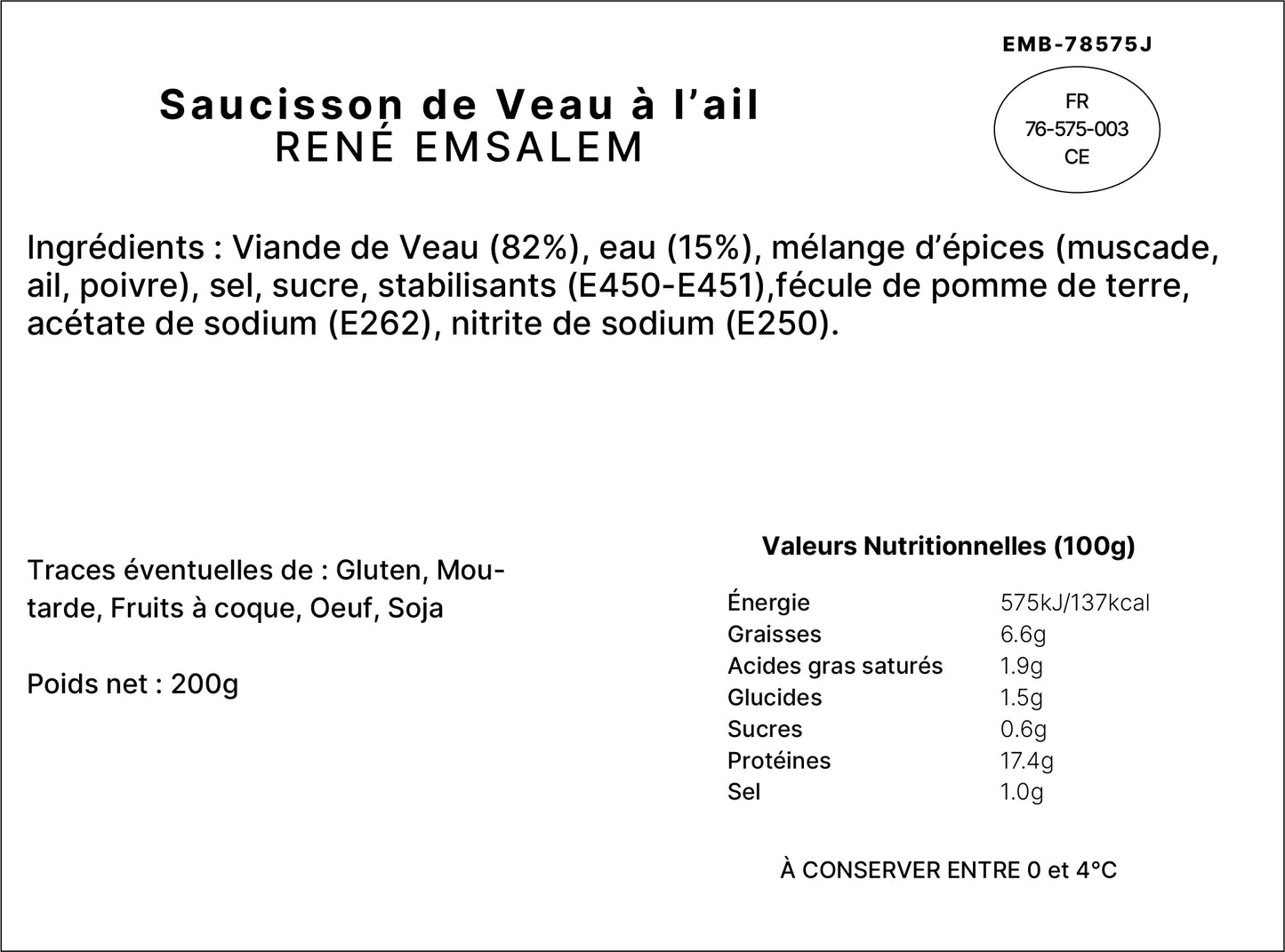 Saucisson de Veau à l'ail - 200gr