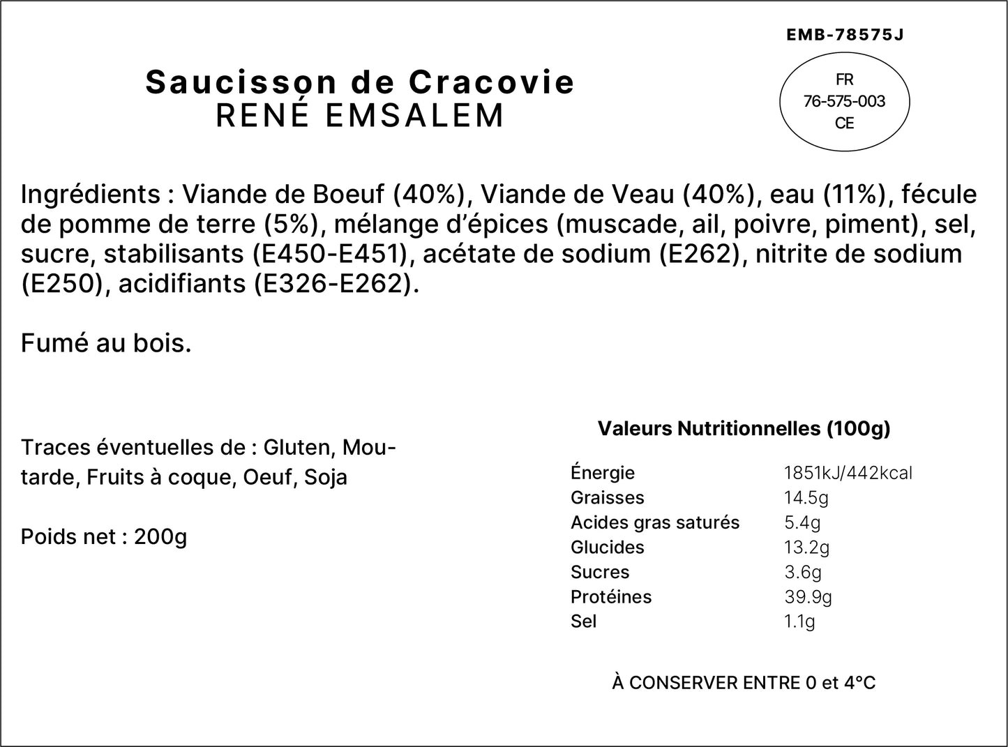 Saucisson de Cracovie fumé - 200gr